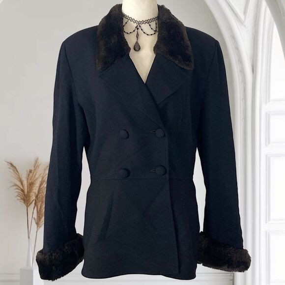 Vintage 90s Elegant Black Wool Brown Faux Fur Trim Tailored Jacket 12 / L - Picture 1 of 8